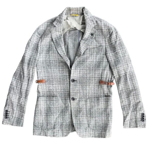 CANALI Linen & Cotton CUSTOM Summer Lightweight Gray Blazer‎ Added Leather 52